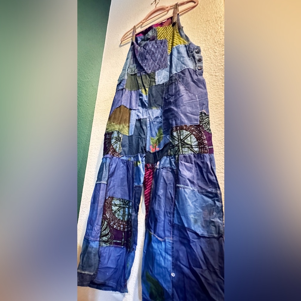 Ashley Taylor Patchwork Overalls Jumpsuit Boho Hippie One Size 100% Cotton NWT - Picture 7 of 9